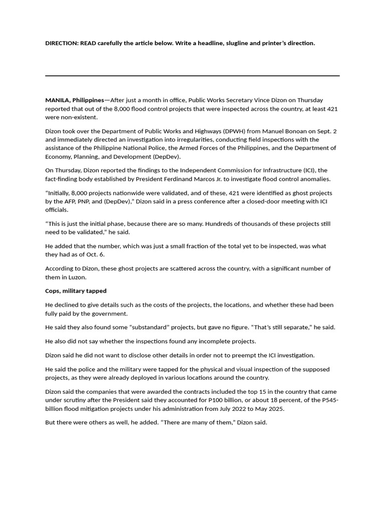 Journalism Copyreading OCTOBER Headline Slugline Printers DIRECTION ...