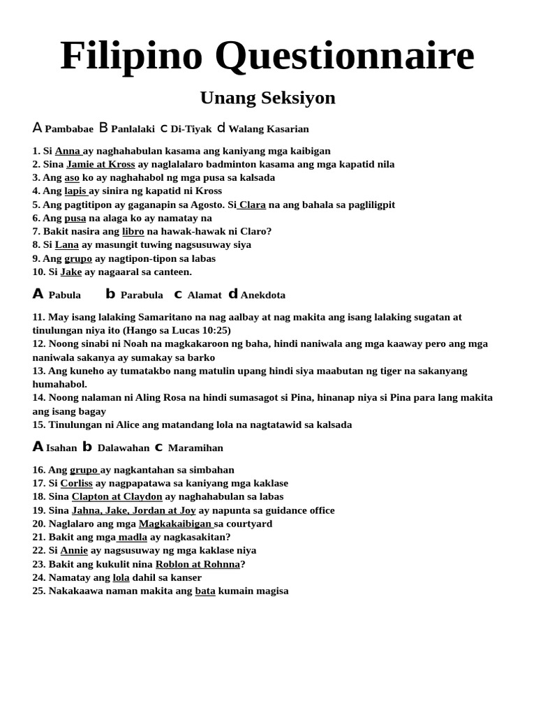 Filipino Questionnaire - Semester Exam 1 Unang Seksiyon | PDF