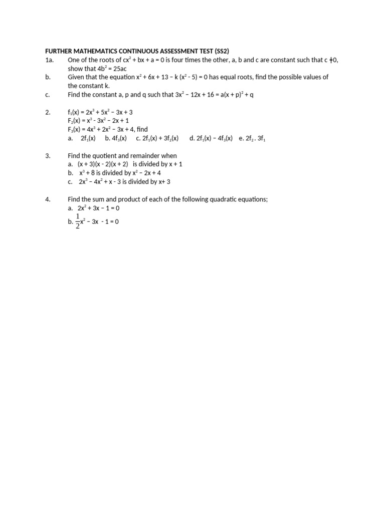 Further Mathematics Continuous Assessment Test 2 | PDF