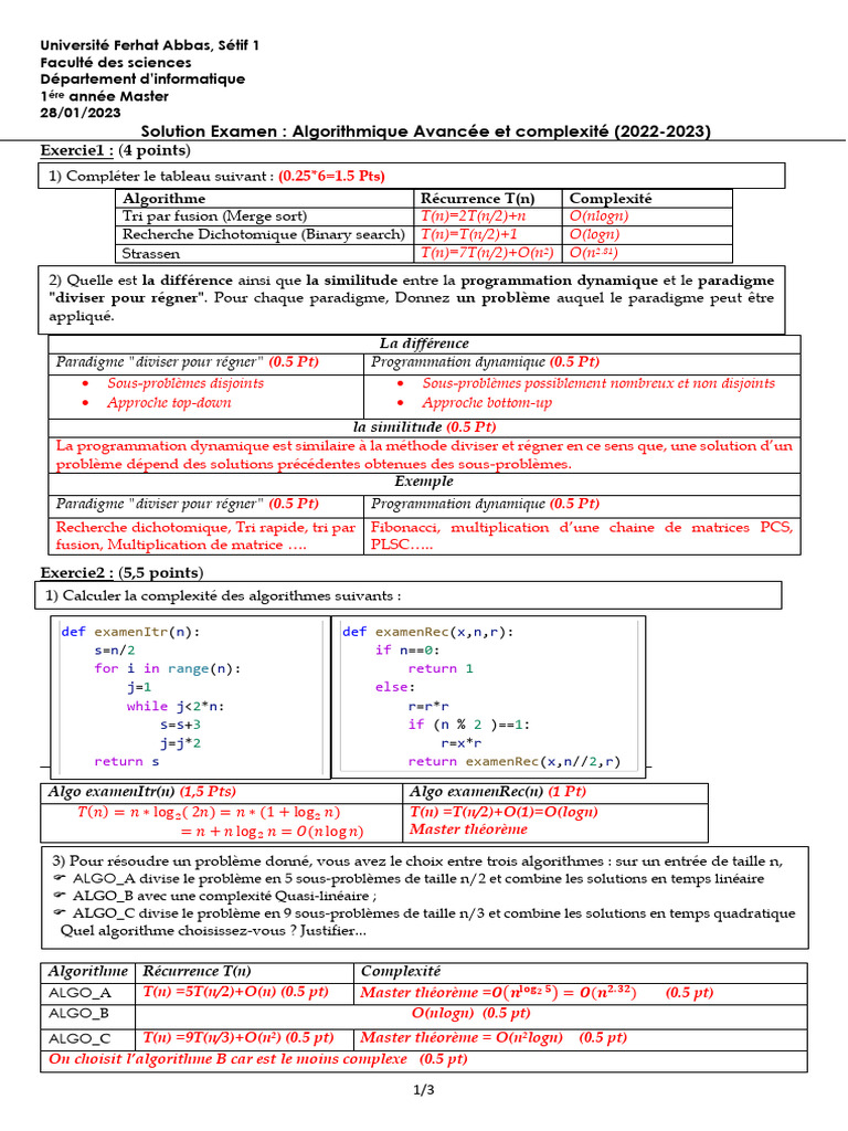 Examen Algorithmes et Complexité 2023 | PDF | Programmation dynamique ...