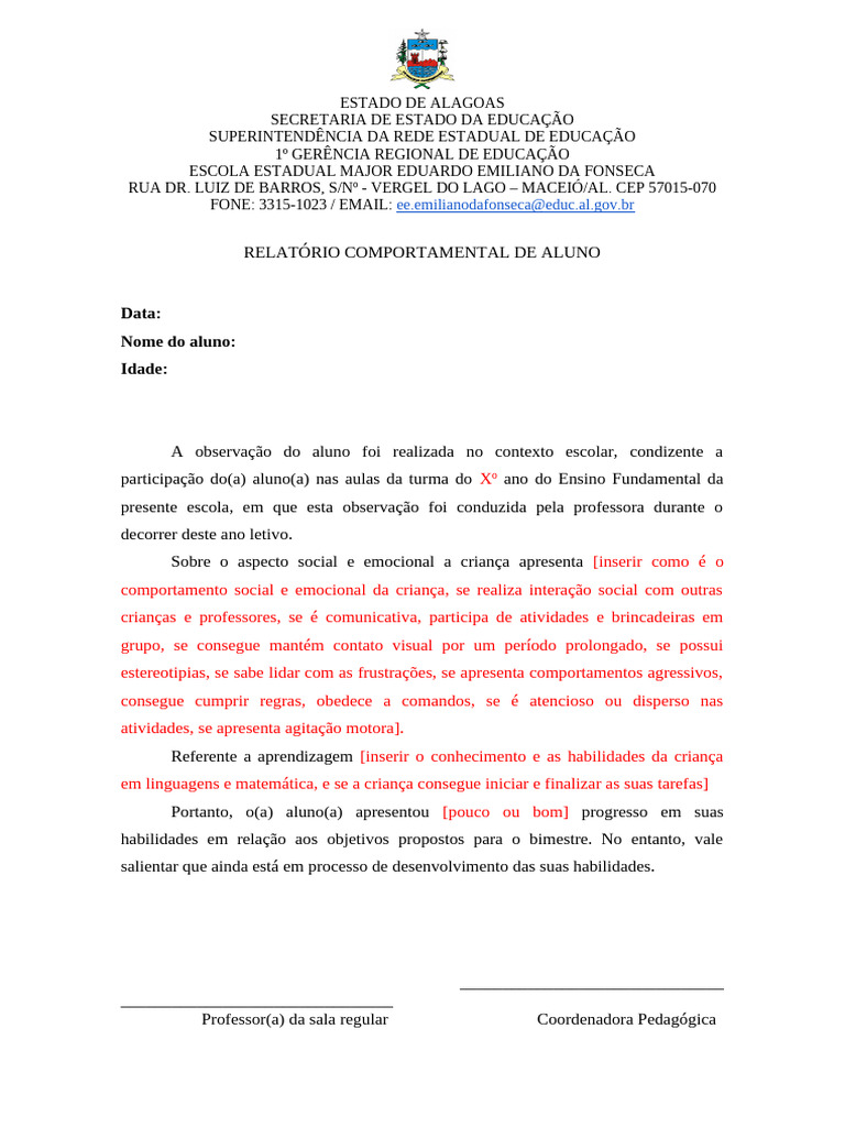 Relatório Comportamental do Aluno | PDF