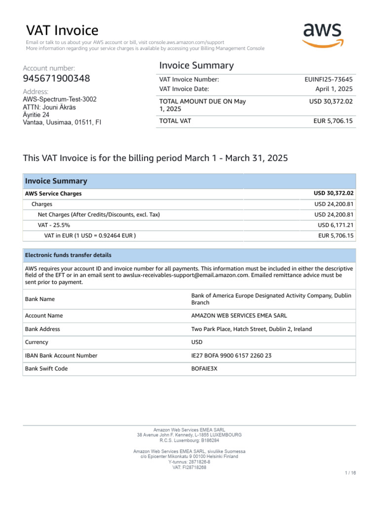 AWS EMEA VAT Invoice Summary | PDF | Amazon Web Services | Invoice