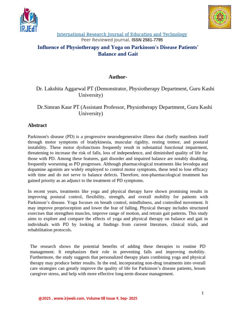 Influence of Physiotherapy and Yoga On Parkinsons Disease Patient ...