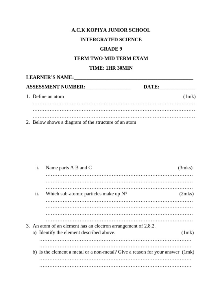 Grade 9 Integrated Science Exam Guide | PDF | Chemical Elements | Physics