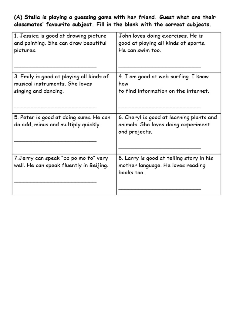 Guessing Game: Classmates' Subjects | PDF