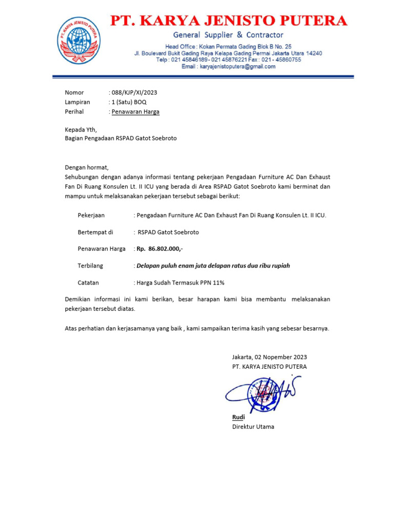 Penawaran Pengadaan Furniture ICU RSPAD | PDF