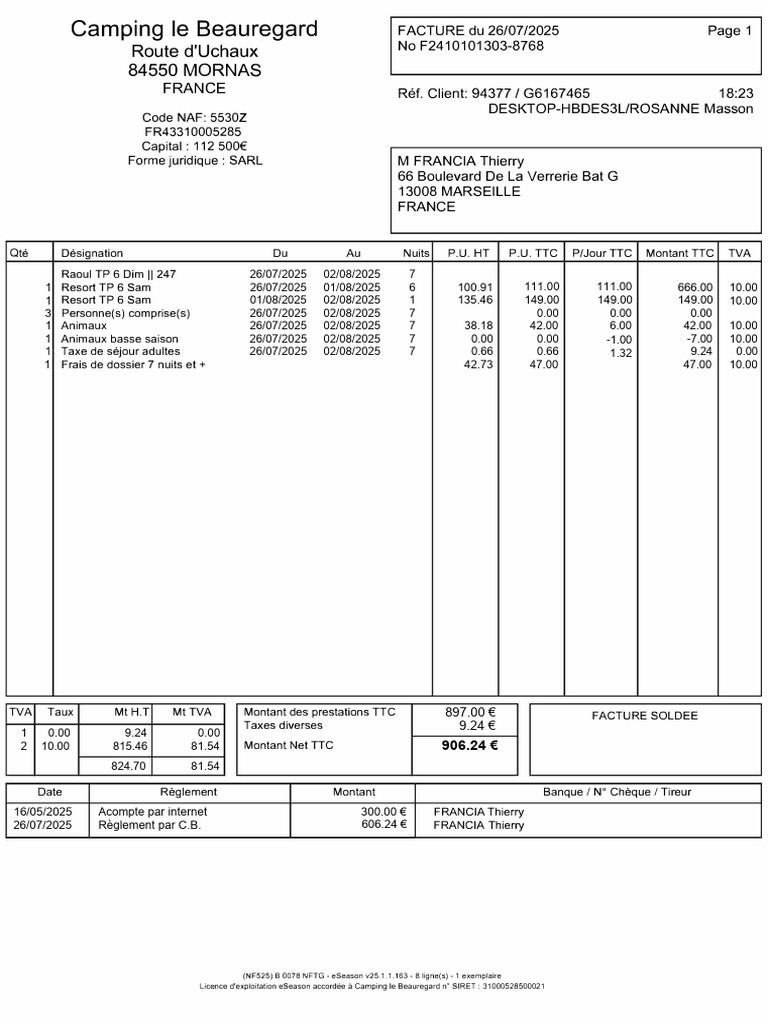 Facture Camping le Beauregard 2025 | PDF | Taxe sur la valeur ajoutée ...