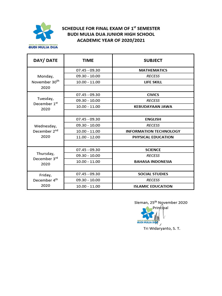 Schedule For Final Exam Test of 1st Semester | PDF