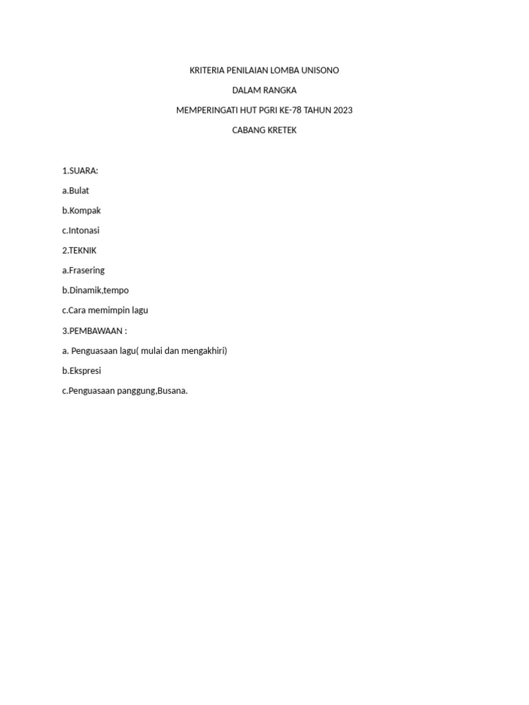Kriteria Penilaian Lomba Unisono PGRI 2023 | PDF