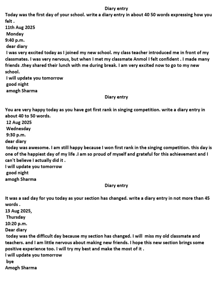 Student Diary Entries and Reflections | PDF | Pronoun | Noun