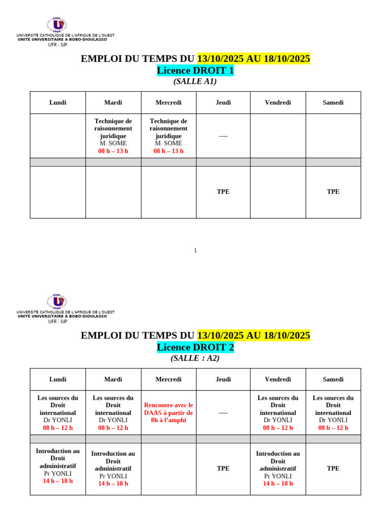 Emploi du temps Licence et Master Droit | PDF