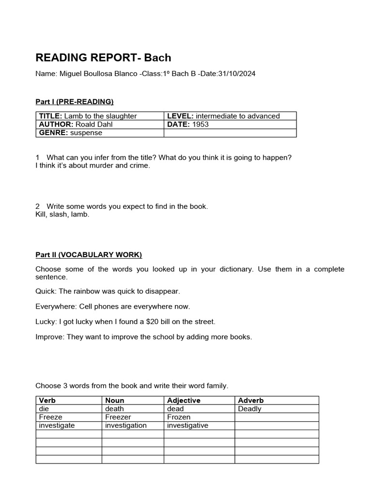 Reading Report Bach. 1st Term | PDF | Verb | Syntax