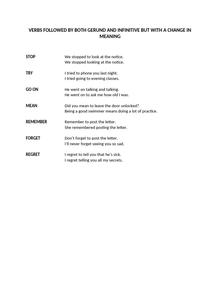 Verbs Followed by Both Gerund and Infinitive But With A Change in ...