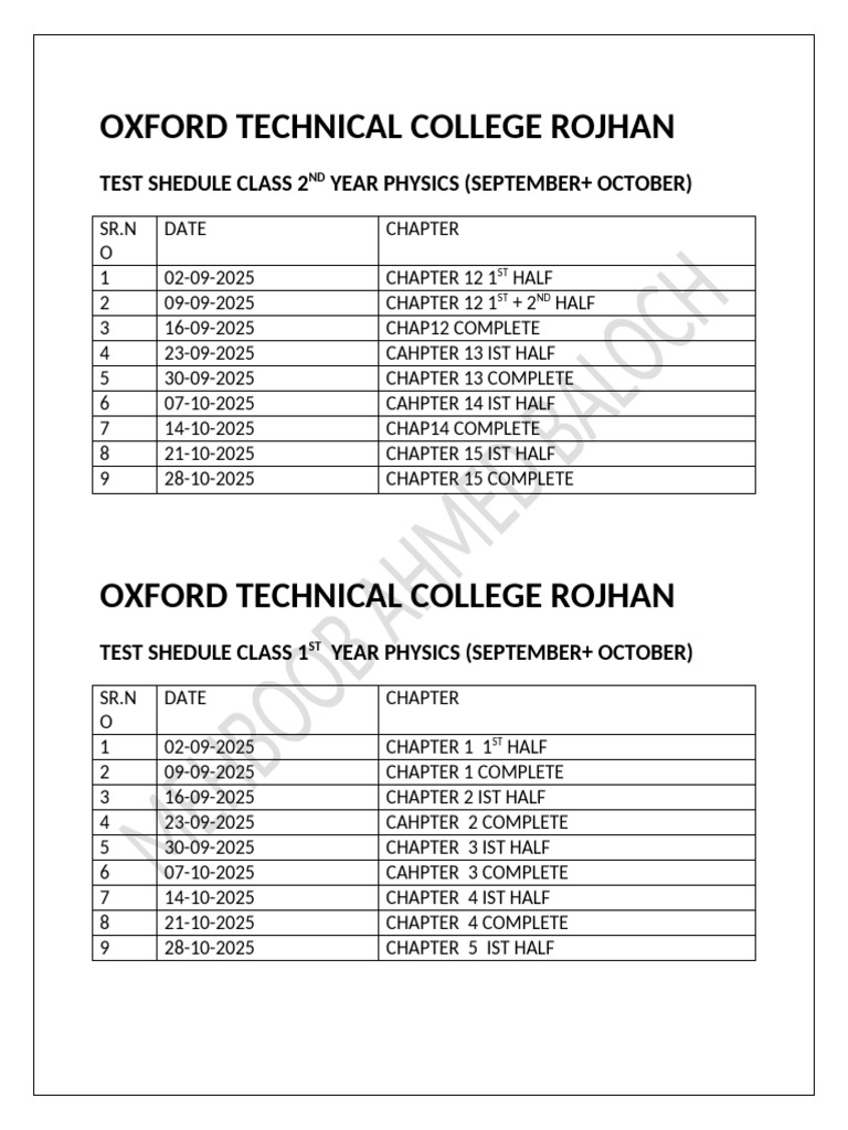 2025 Physics Test Schedule OXTC Rojhan | PDF