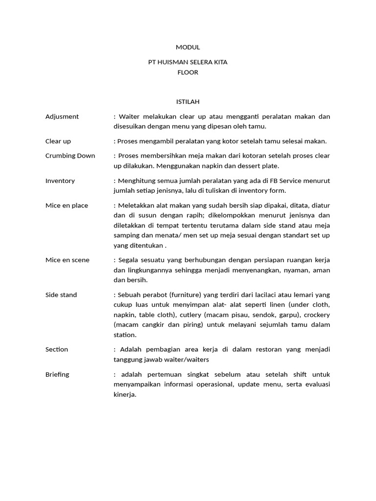 Istilah Penting dalam Layanan Restoran | PDF