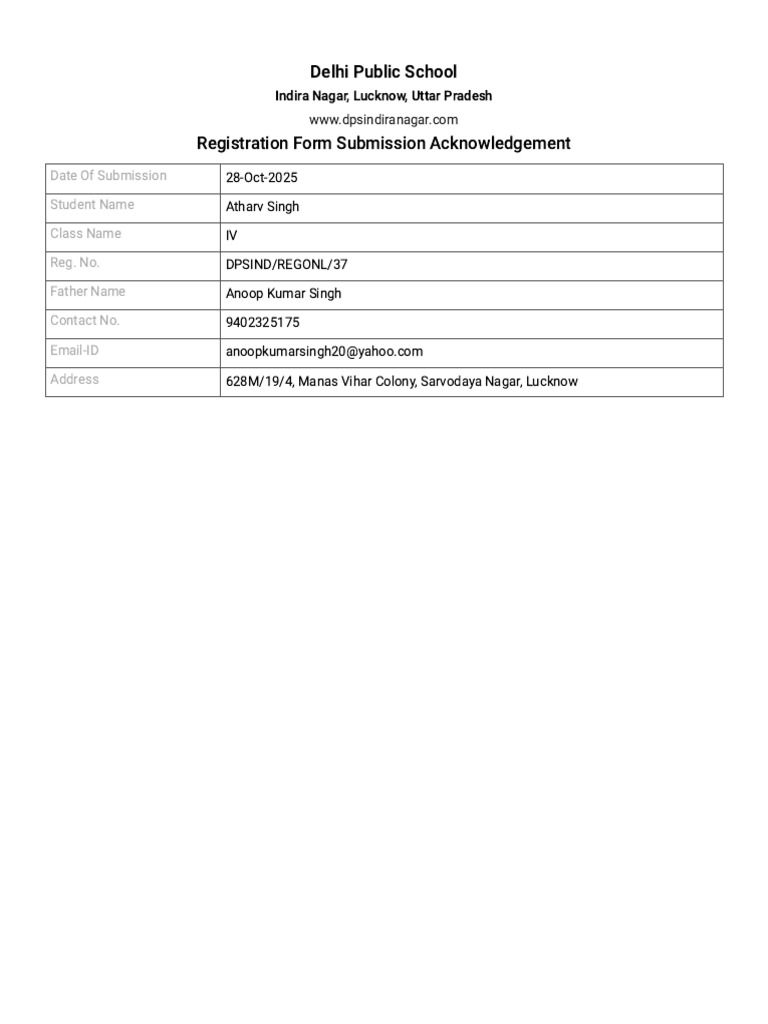 DPS Indira Nagar Registration Acknowledgement | PDF