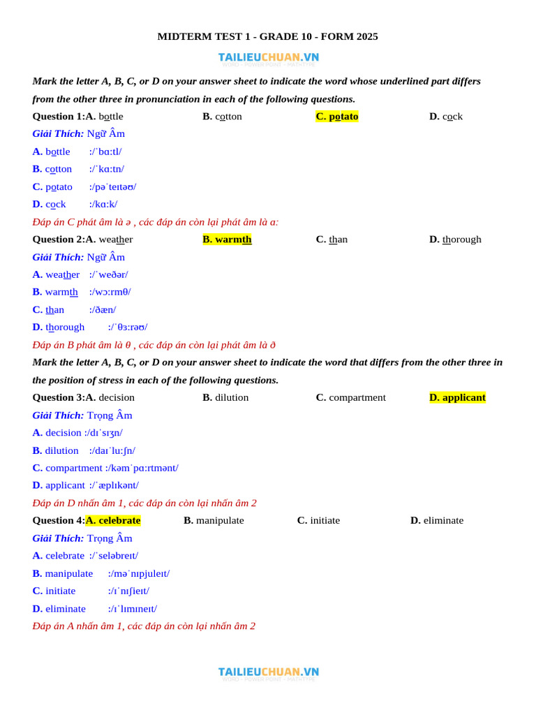 Midterm Test 1.Docx Đề 1 Lớp 10 Giải Chi Tiết | PDF