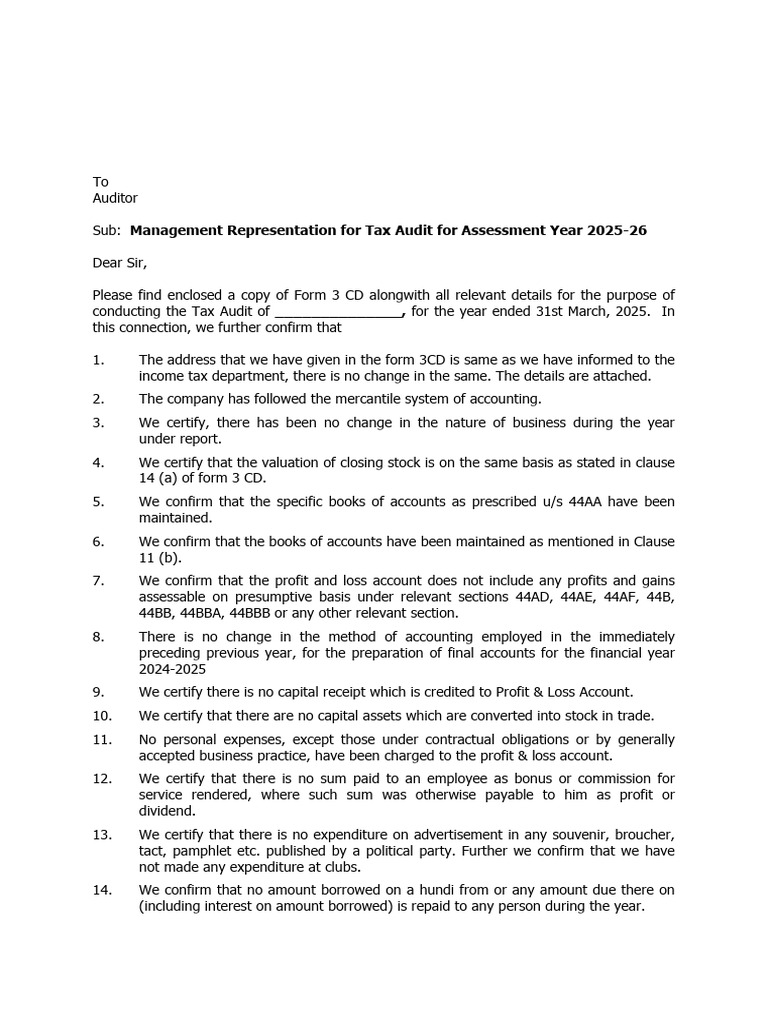 Tax Audit Management Representation 2025-26 | PDF | Cheque | Depreciation