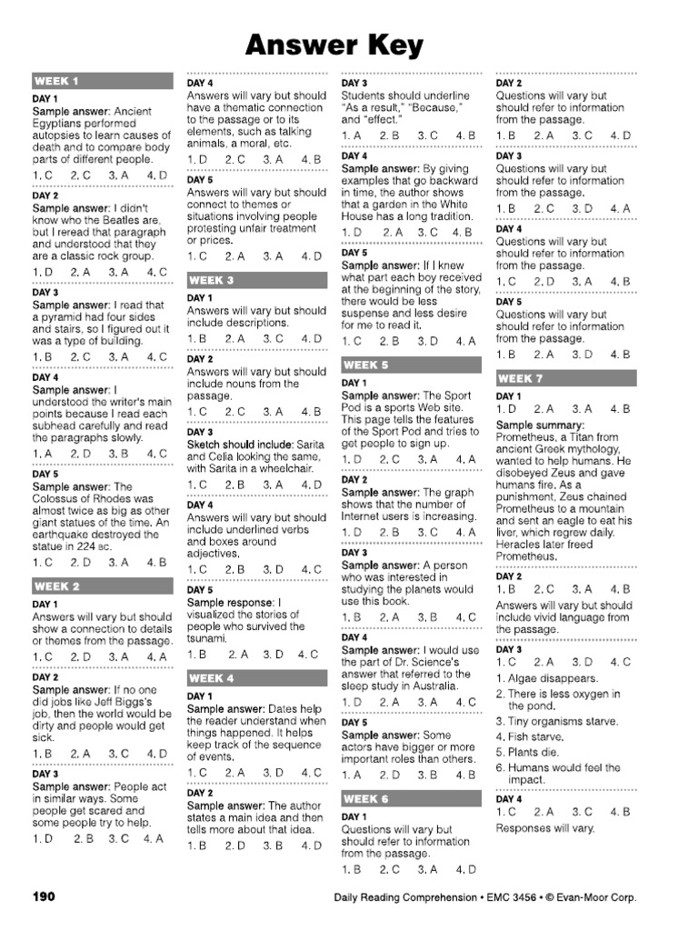Grade 6 English Reading Answer Key | PDF