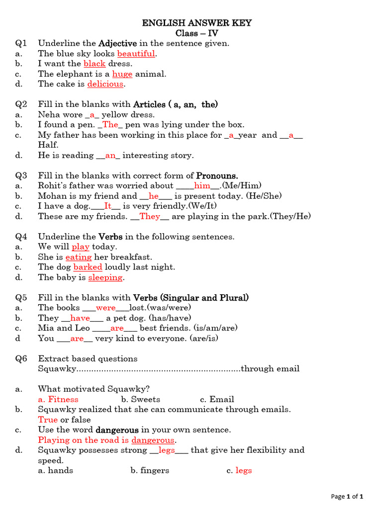 Answer Key of English Worksheet Grade 4 P.T.-2 | PDF