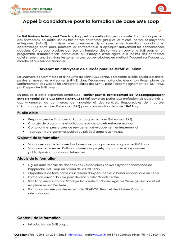 Formation SME Loop pour MPME au Bénin | PDF | Entrepreneuriat | Business