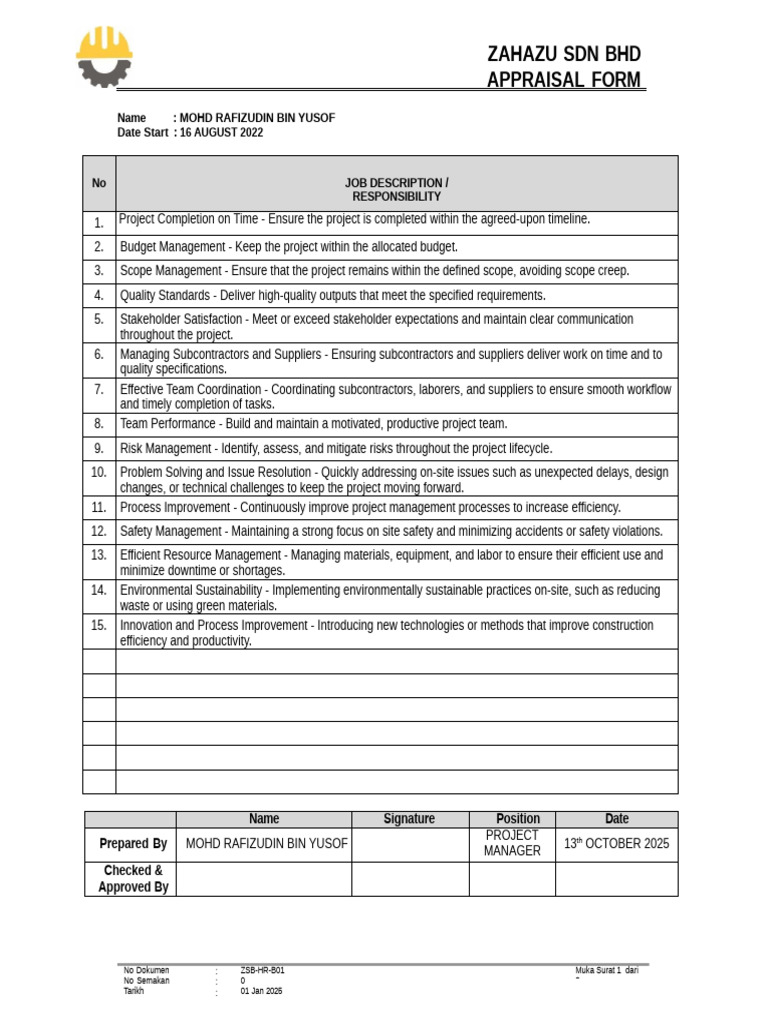 Project Manager Appraisal Form 2025 | PDF | Project Management | Safety
