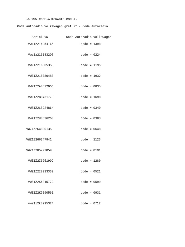 Codes autoradio Volkswagen gratuits | PDF