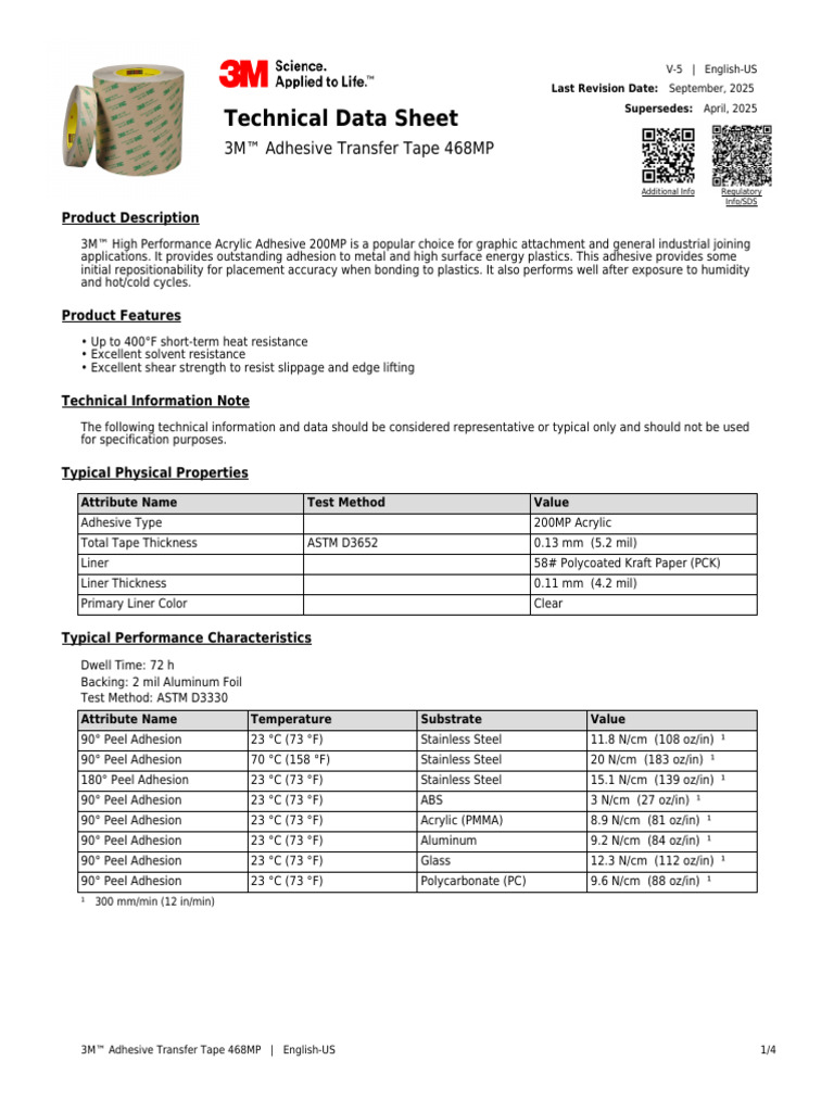 3M 468MP Adhesive Transfer Tape Data | PDF | Adhesive | Safety