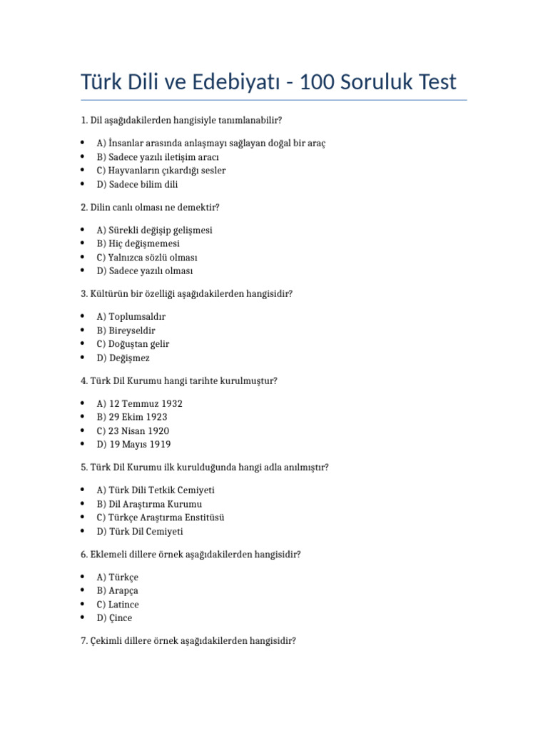 Turk Dili Test 100 Soru | PDF