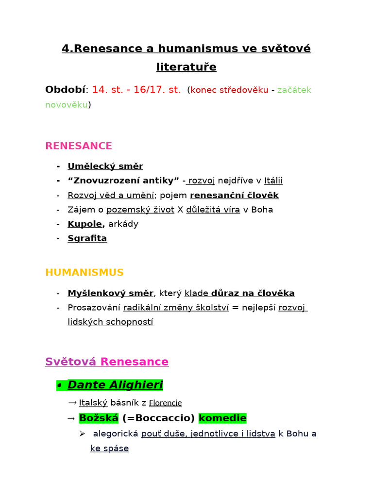 Čeština - 4. Renesance A Humanismus Ve Světové Literatuře | PDF
