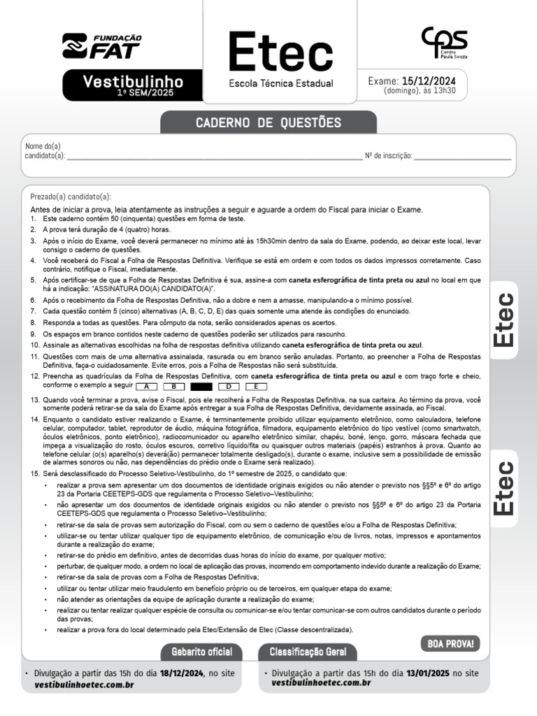 Instruções para o Vestibulinho 2025 | PDF | Agricultura | Fotossíntese