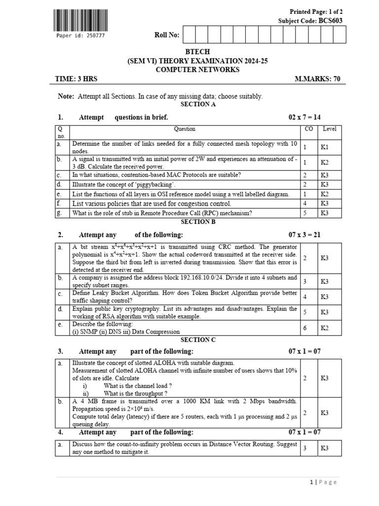 BCS603 Computer Networks Exam 2024-25 | PDF | Computer Network ...