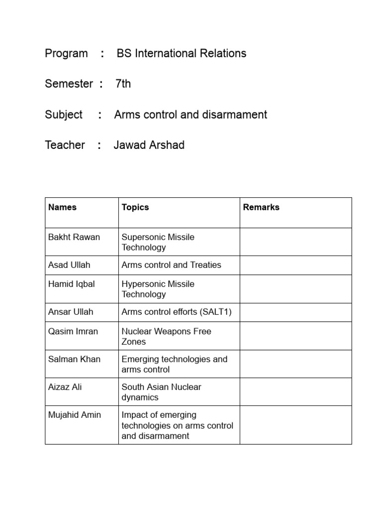 Arms Control Topics in International Relations | PDF