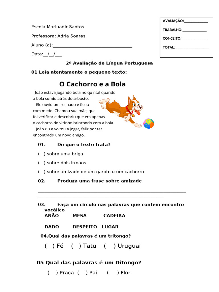 Avaliação de Língua Portuguesa 2º Ano | PDF