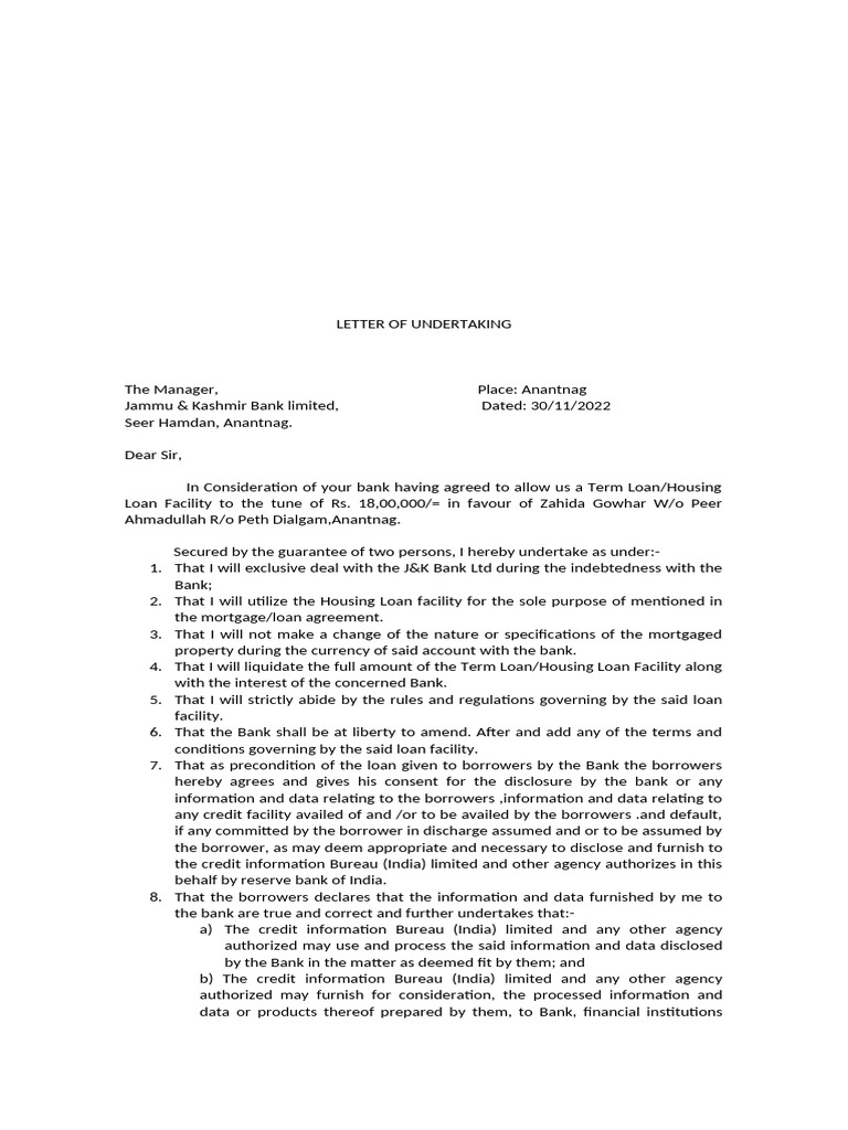 Loan Undertaking Letter Template | PDF | Loans | Banking