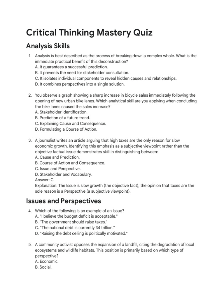 Critical Thinking Mastery Quiz | PDF | Prediction | Information