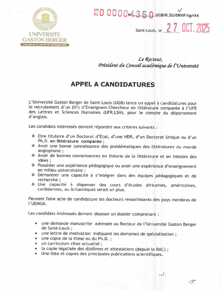 Appel À Candidatures Pour Le Recrutement D'un Enseignant-Chercheur en ...