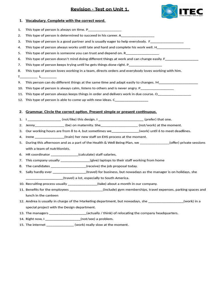 Unit 1 Vocabulary and Grammar Revision | PDF