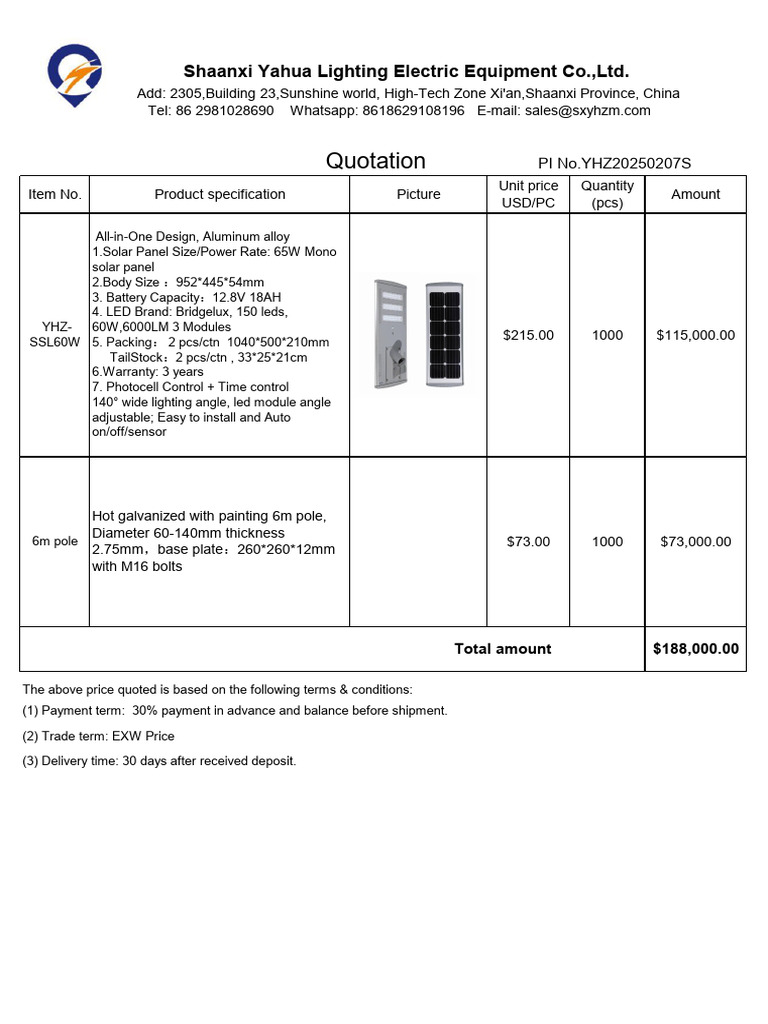 Solar Lighting Quotation YHZ20250207S | PDF