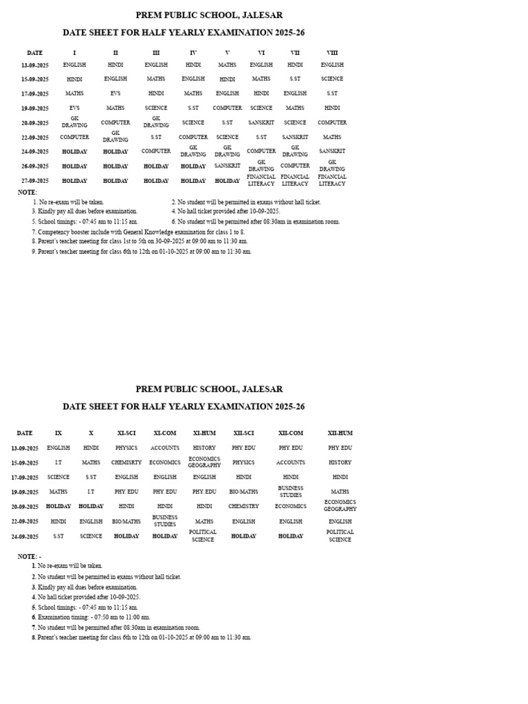 Prem Public School Half-Yearly Exam Dates | PDF | Chess Openings ...