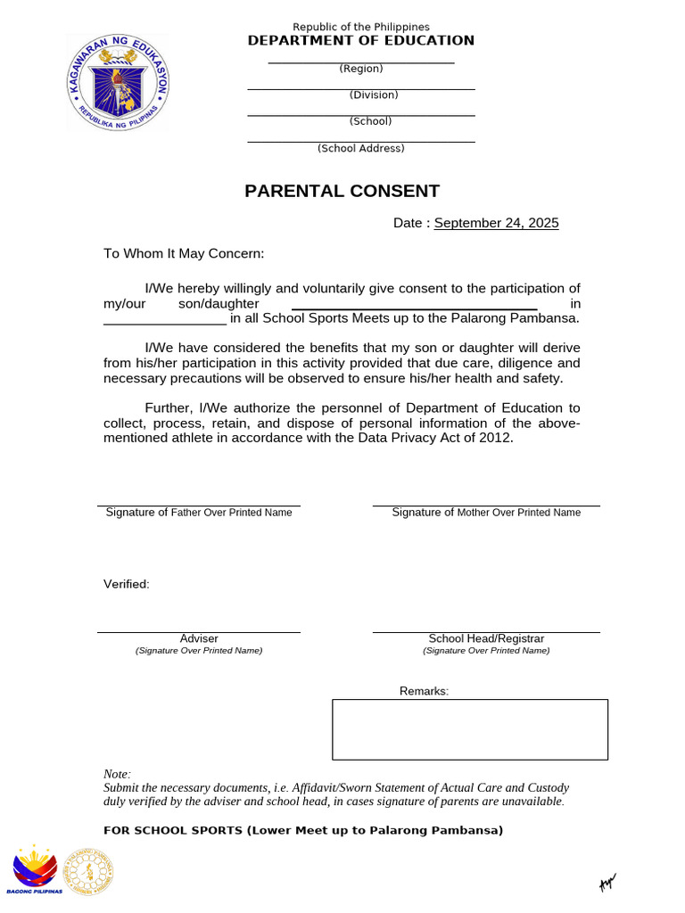 Parental Consent for School Sports Participation | PDF