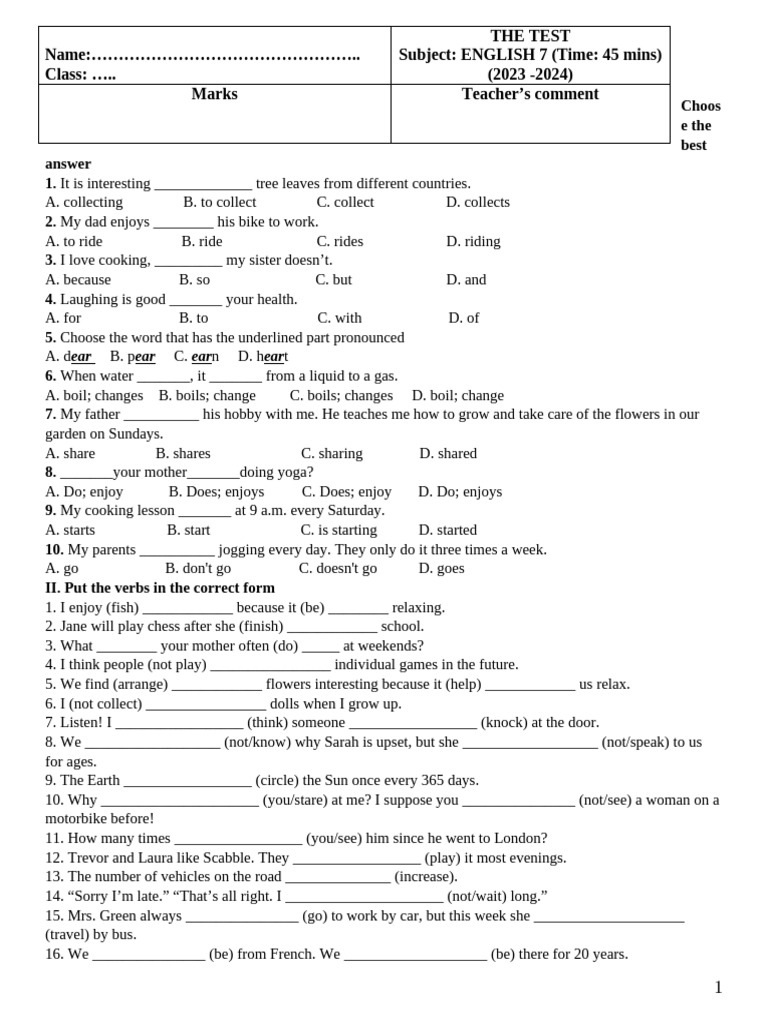 English Grammar Test for 7th Grade | PDF