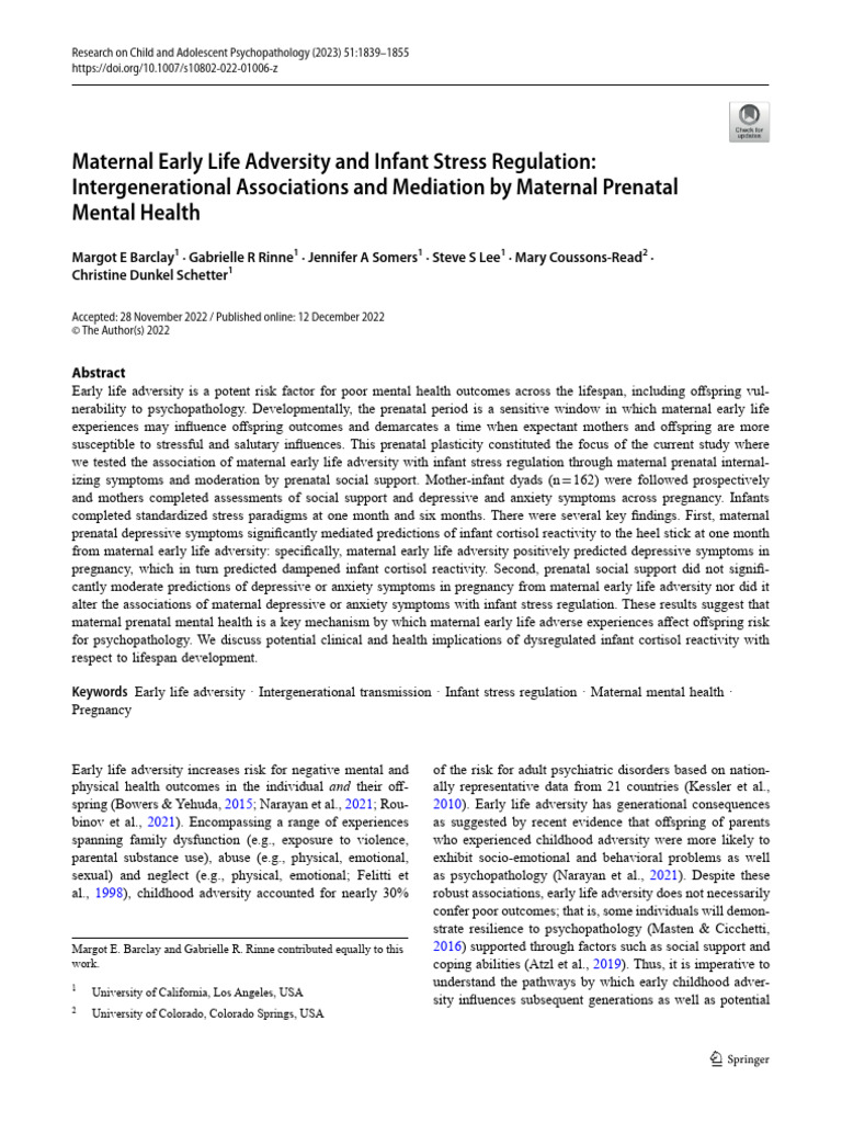 Maternal Early Life Adversity and Infant Stress Regulation ...