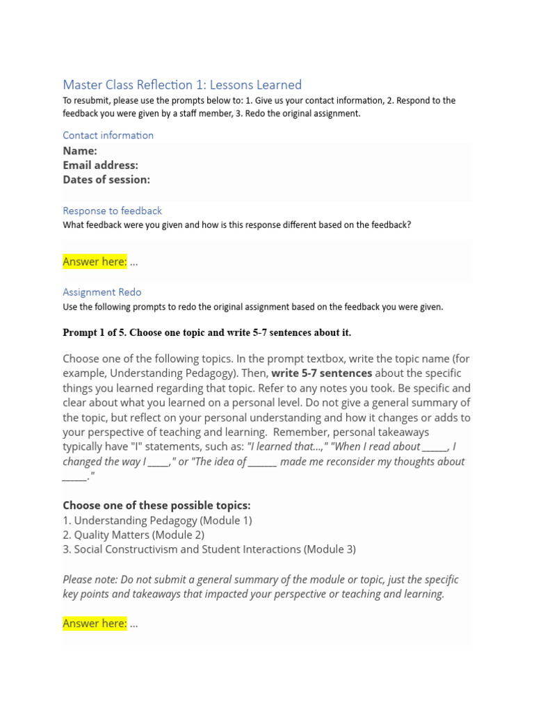 Master Class Reflection Assignment Guide | PDF | Learning | Intelligence