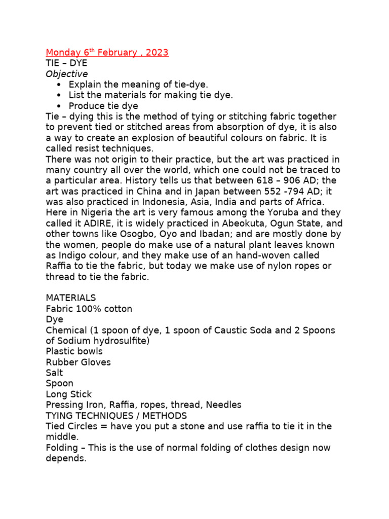 JSS1 Lesson Note: Tie and Dye Techniques | PDF | Textiles | Textile Arts