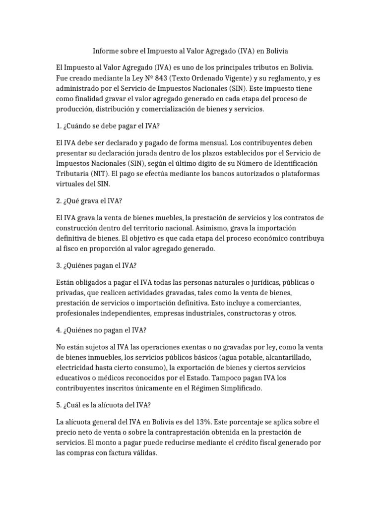 IVA en Bolivia: Guía Completa y Actualizada | PDF | Impuesto al valor ...
