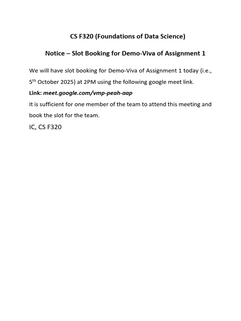 Slot Booking For Demo-Viva of Assignment 1 of CS F320 | PDF