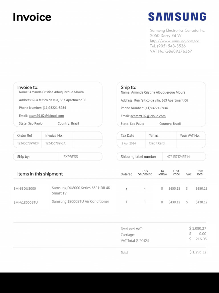 Amanda Moura's Samsung Purchase Details | PDF