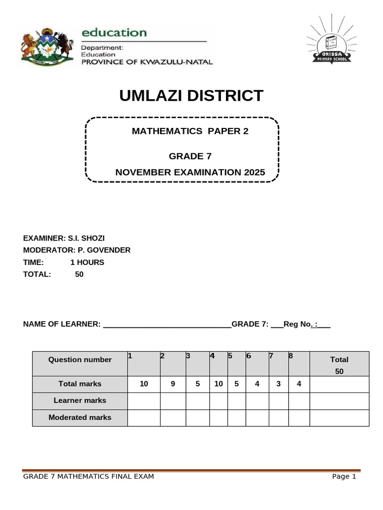 Grade 7 Mathematics Final Exam 2025 | PDF | Numbers | Mathematics