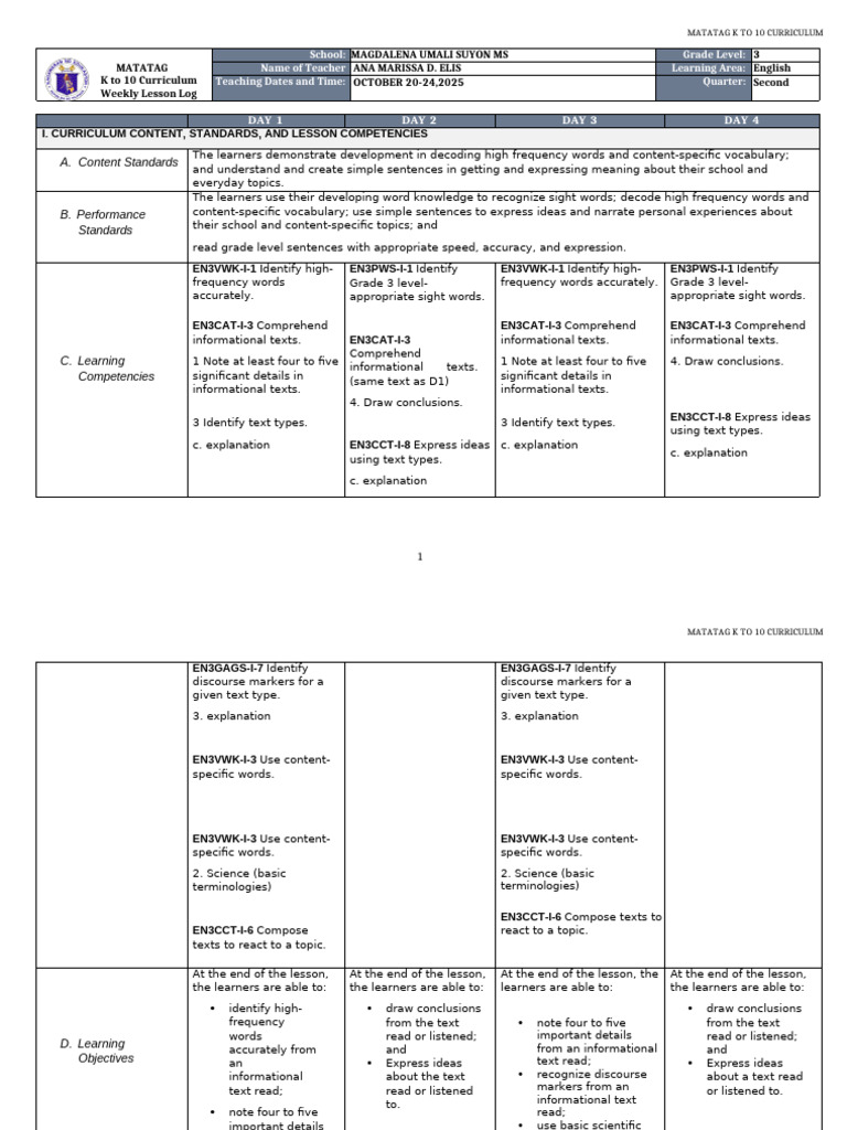 Grade 3 English Weekly Lesson Plan | PDF | Fish